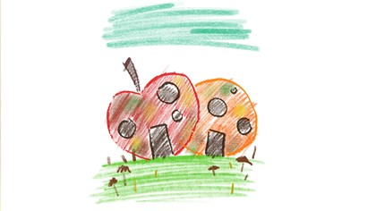Drawing of a house in an apple