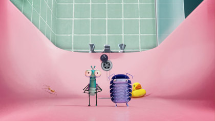 Lloyd B Fly and Abacus Woodlouse stood in the bath